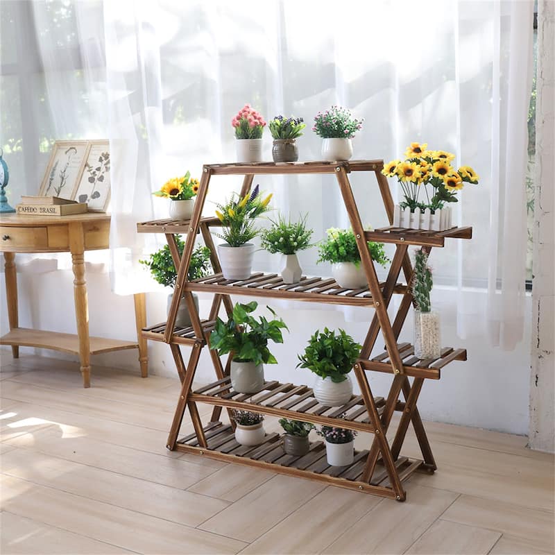 Outdoor Indoor Multi-Tiered Metal Wooden Plant Stand,Planter Flower Pot Garden Shelf Shelving,Dark Brown