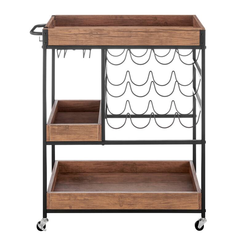 Rustic Walnut Veneer and Metal Rolling Farmhouse Wine Bar Cart with Wine Bottle and Glass Rack