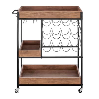 Rustic Walnut Veneer and Metal Rolling Farmhouse Wine Bar Cart with Wine Bottle and Glass Rack