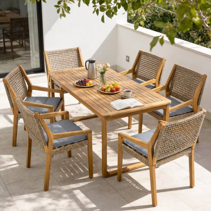 Christopher Knight Home - Ronan Outdoor Acacia Wood Dining Set with Wicker Back Chairs & Curved Leg Dining Table, Teak Finish - 7-Piece Set-Brown+Grey