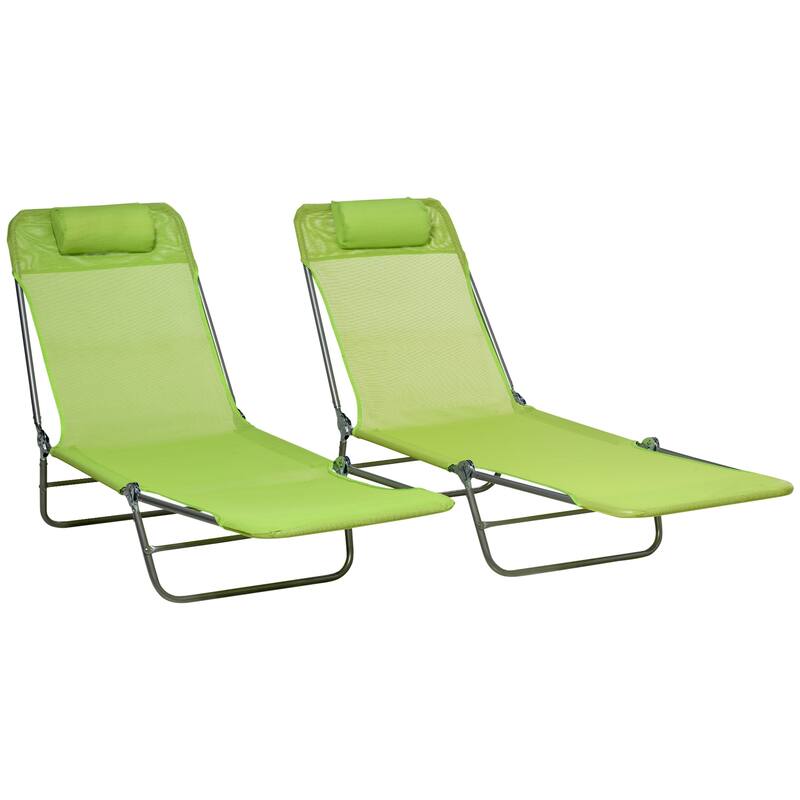 Outdoor Folding Chaise Lounge Chairs with 6-Position Reclining Back, Breathable Mesh Seat, Headrest, Set of 2 - Green