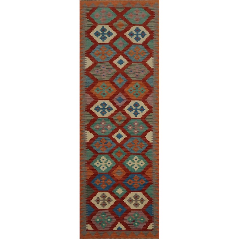 Hand Woven Oriental 100% Wool Carpet Southwestern Geometric Oranges & Rust Kilim Runner Rug - 9' 4'' X 2' 5''
