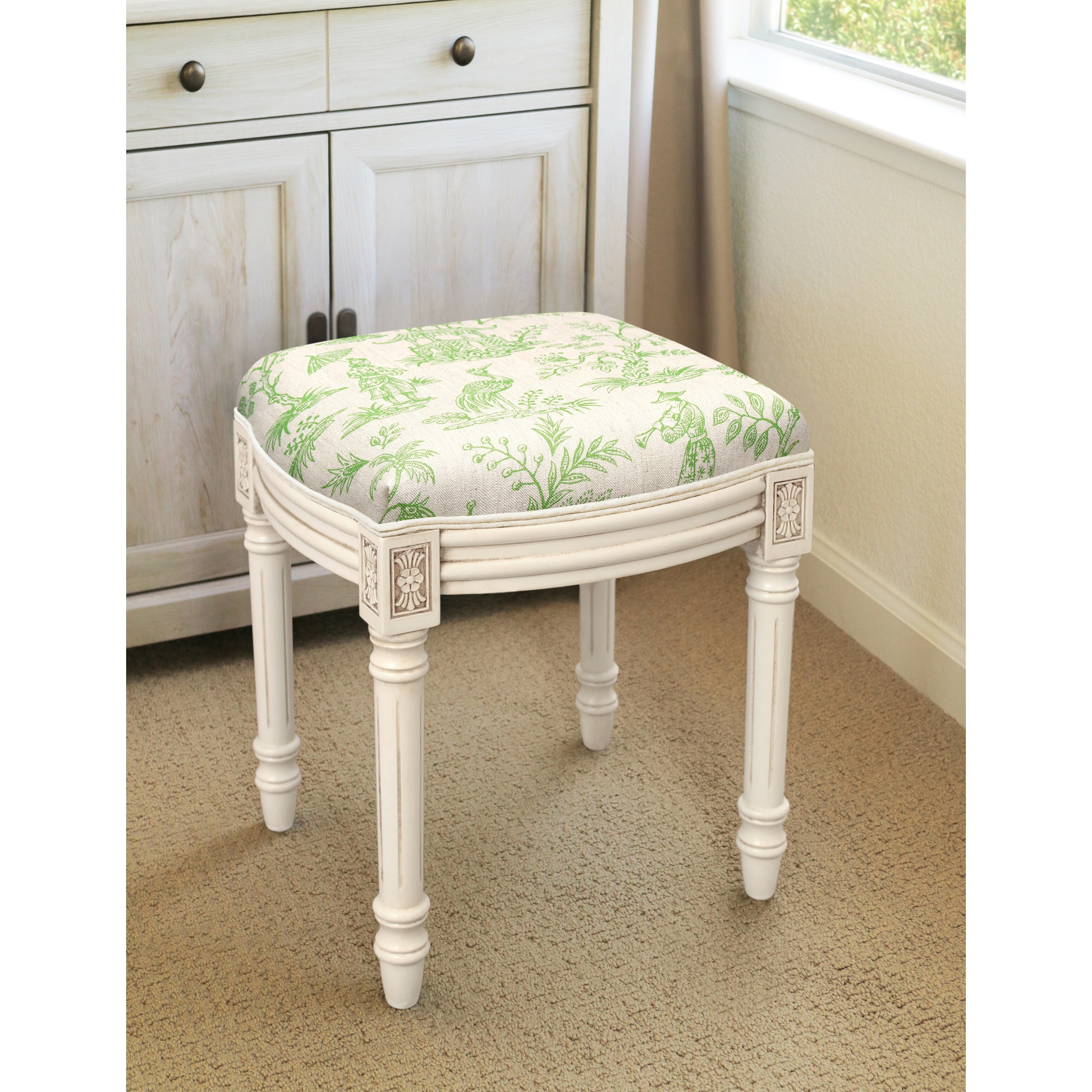 Jade Green Fern Vanity Stool with antique white finish Bed Bath