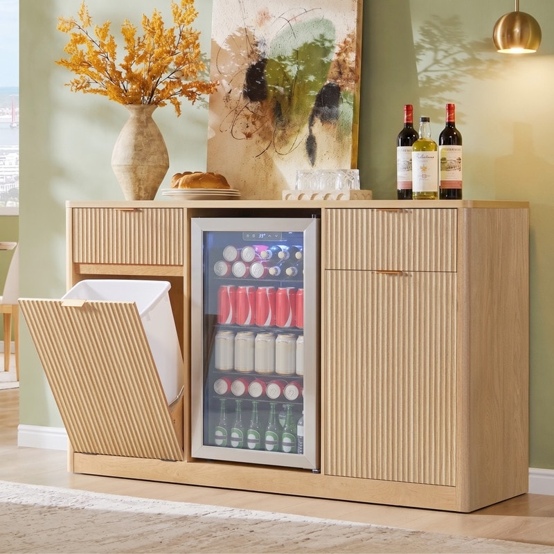 59" Fluted Buffet Sideboard Coffee Bar Cabinet with Fridge Space & Tilt-Out Trash with Glass Holder for Dining Room - N/A