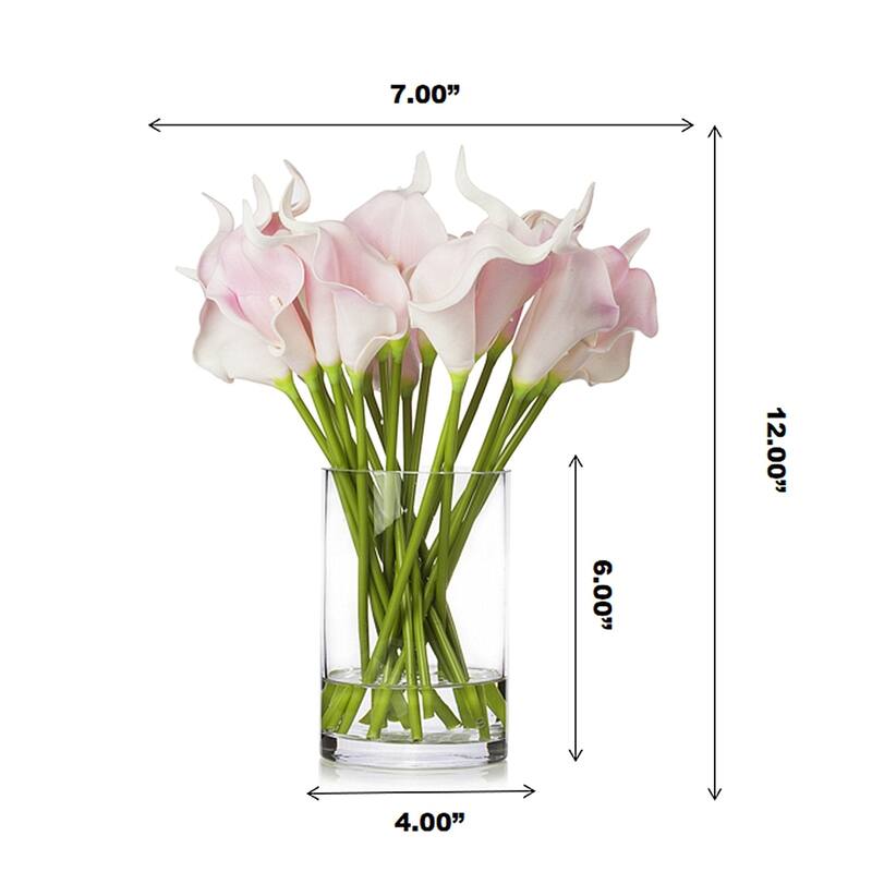 Enova Home Artificial 20 Pieces Real Touch Lilies Fake Silk Flowers Arrangement in Glass Vase with Faux Water for Home Decor