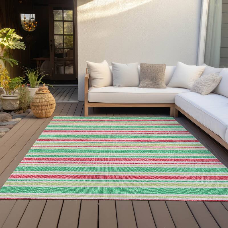 Machine Washable Indoor/ Outdoor Multi Cabana Stripe Chantille Rug