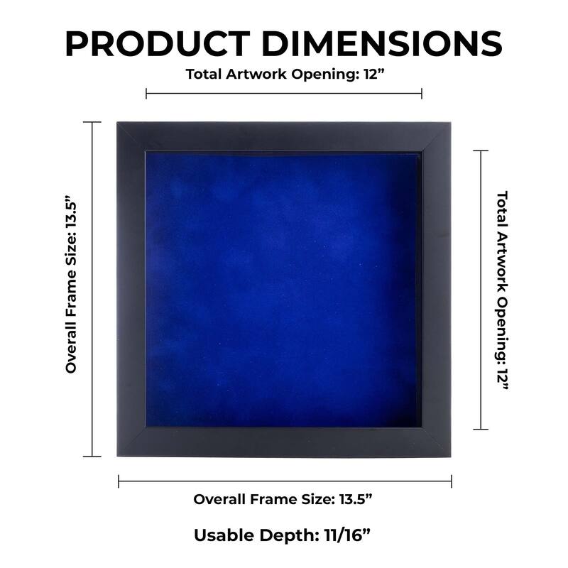 12x12 Shadow Box Frame Black Wood | With a 3/4" Usable Display Depth | Includes a Royal Blue Real Suede Texture Acid-Free
