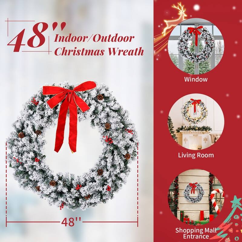 Pre-lit Snow Flocked Christmas Wreath, Lighted Artificial Xmas Wreath with Lights and DIY Ornaments, for Xmas Party Decorations