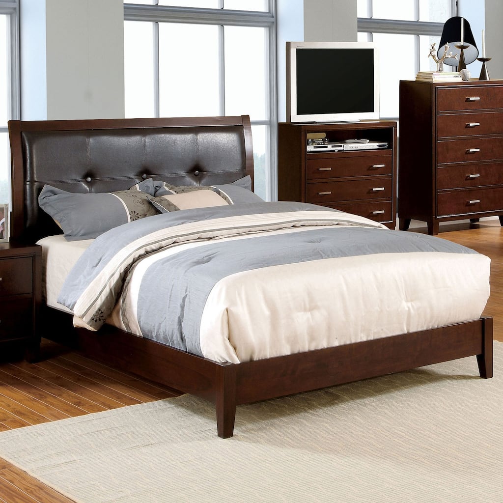 Eastern King Size Bed with Button Tufted Headboard in Brown Cherry Finish