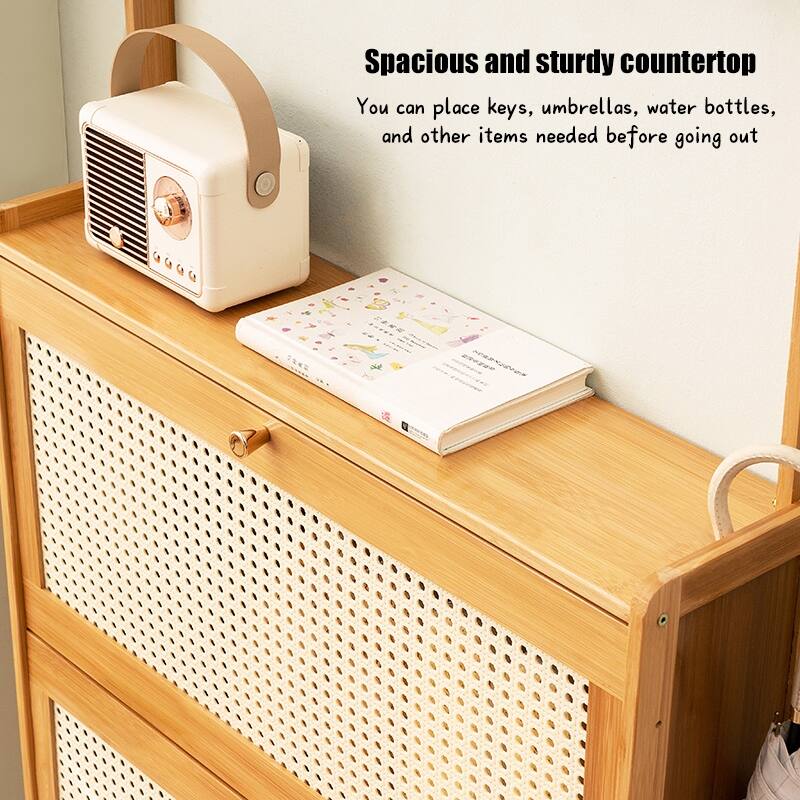 Shoe Cabinet with 3 Rattan Flip Drawers, Bamboo Shoe Storage Cabinet with Coat Hooks, Freestanding Shoe Cabinet Storage