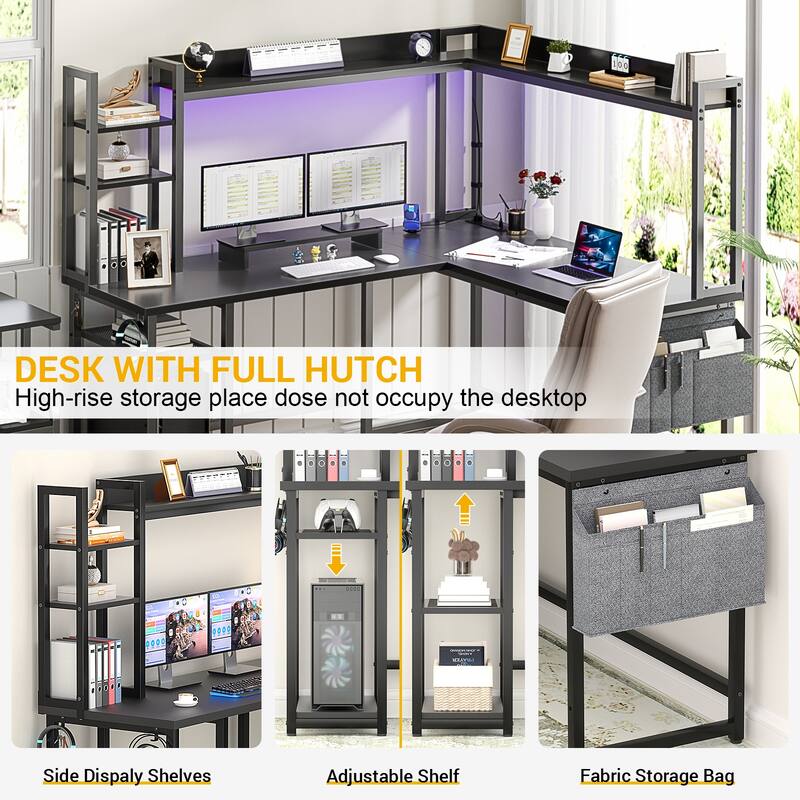 L Shaped Desk with Full Hutch and Power Hub, Corner Desk Computer Desk Office Writing Desk