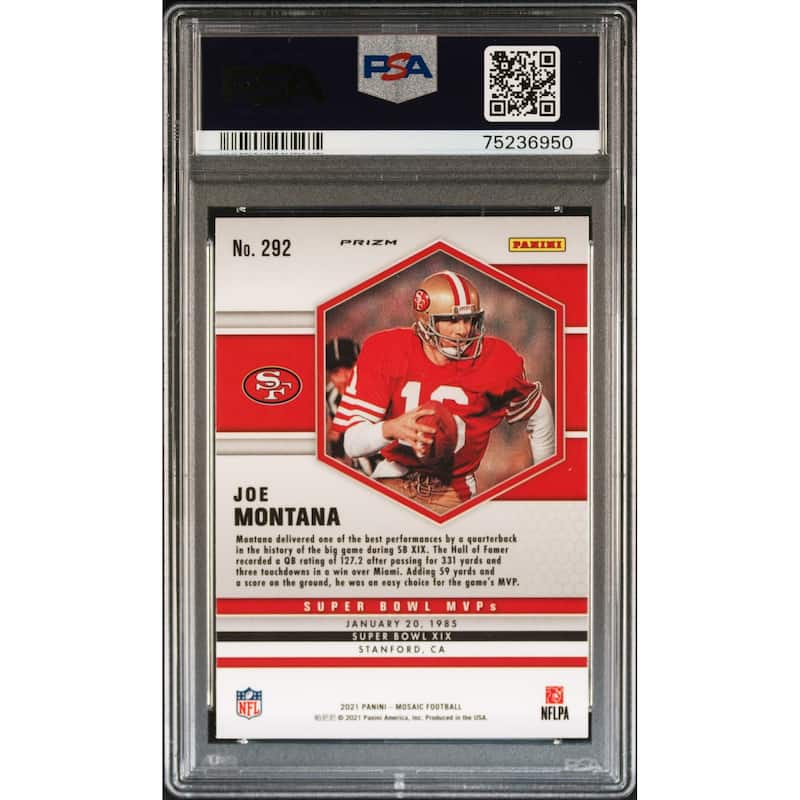 Joe Montana 2021 Panini Mosaic Silver Prizm Football Card #292 Graded PSA 10 - 8'6" x 11'6"
