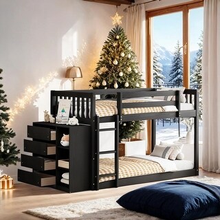 Twin over Twin Bunk Bed with Storage and Ladder, Espresso