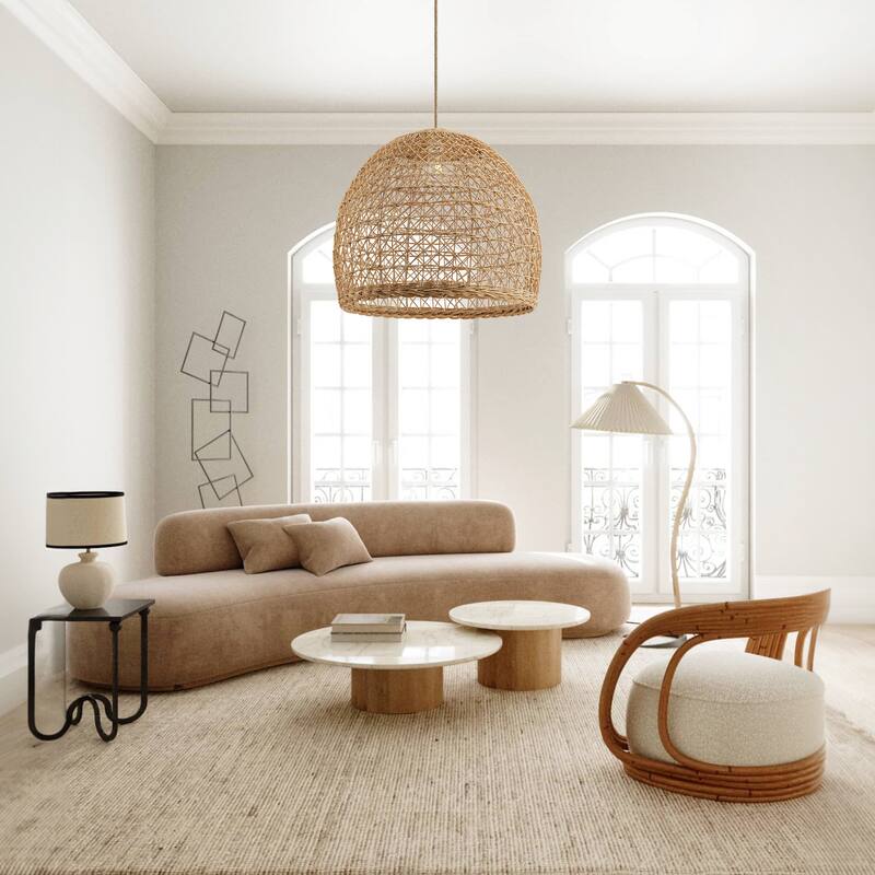 Lumiere Brown Rattan Pendant – Medium Statement Light Fixture for Kitchen Island, or Living Room in Boho, Japandi & Modern Style