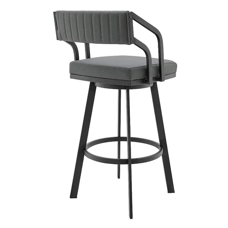 26" Grey Swivel Counter Height Faux Leather Seat Bar Stool with Arms and Low Back and Black Iron Frame - 36”H x 21”W x 22”D
