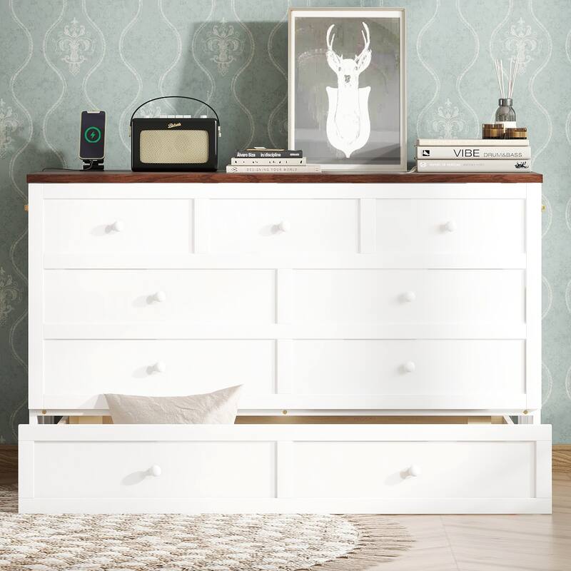 Roomfitters Queen Bed Cabinet with Storage Compartment & Charging Station, USB Ports, Solid Pine Space Saving Bed, White Walnut