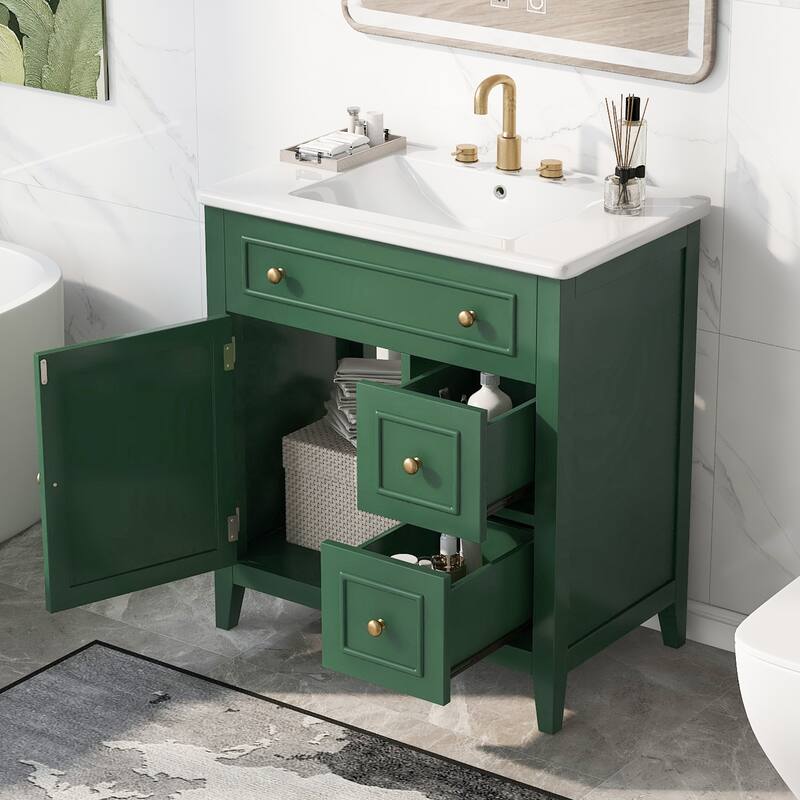 30" Bathroom Vanity with Sink Top, Bathroom Vanity Cabinet with Door and Two Drawers, Solid Wood Frame, One Package