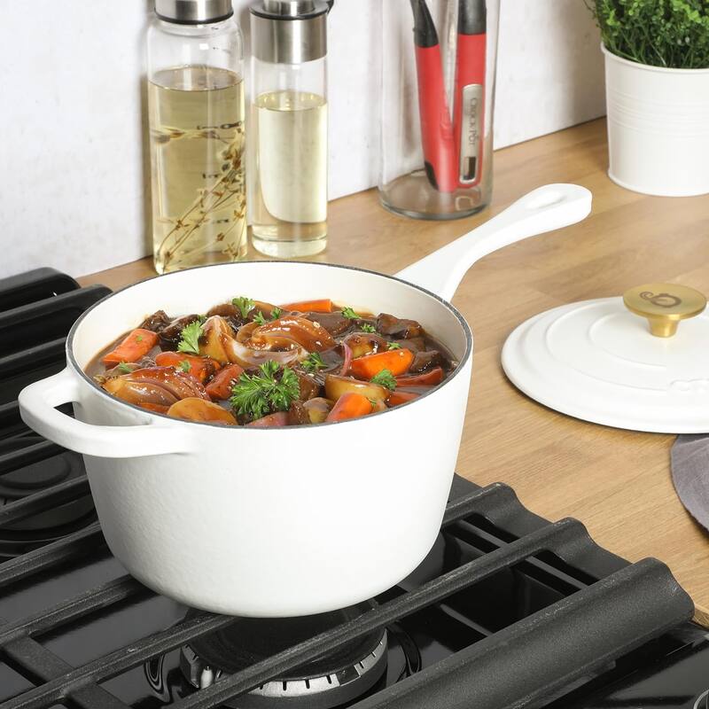 Crock-Pot Artisan 3 Quart Enameled Cast Iron Saucepan with Lid in Linen and Gold