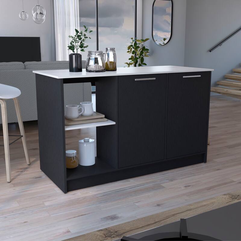 Spacious Kitchen Island with Double Door Cabinet, Open Shelves, Large Top - Black and Ibiza Marble