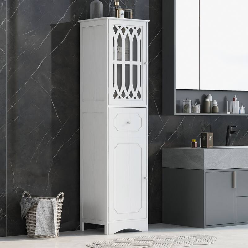Freestanding Adjustable Storage Cabinet with Metal Knobs, Acrylic Panel Door Cabinet, Groove Pattern Drawer and Door Cabinet - White