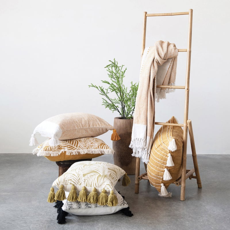 Cotton Pillow with Palm Frond Pattern & Tassels, Green and Natural