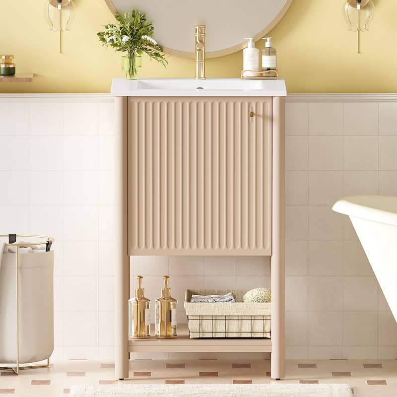 20" Small Bathroom Vanity with Sink, French Bathroom Storage Cabinet with Soft Closing Door & Open Shelf - 20 Inch