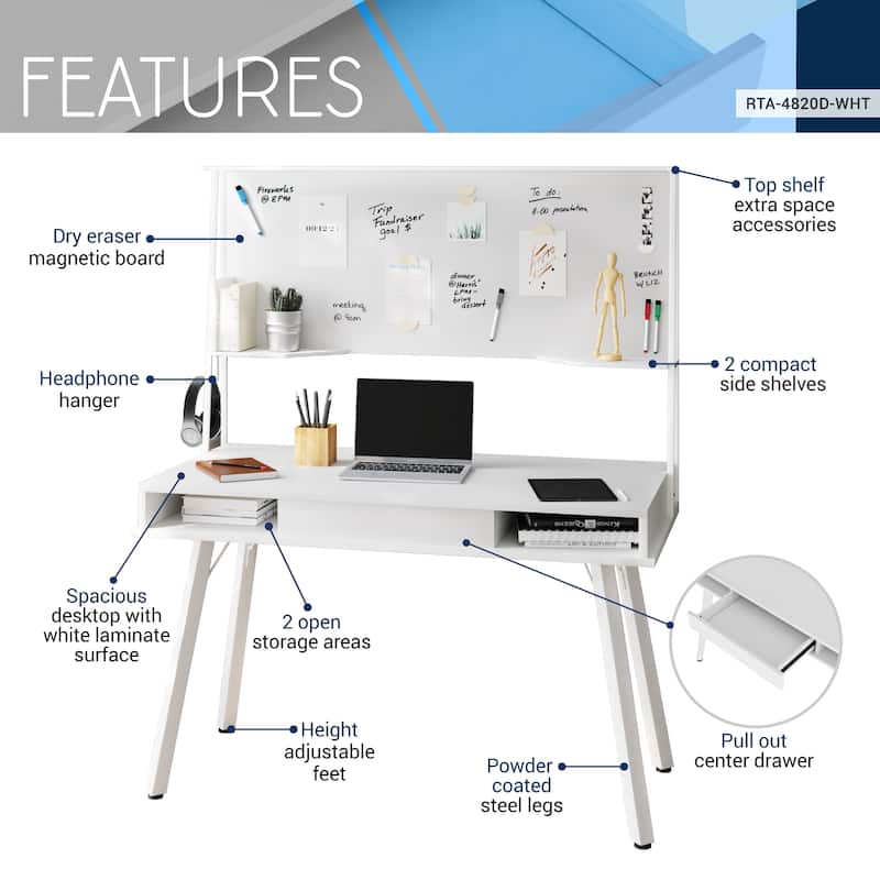 Study Computer Desk with Storage & Magnetic Dry Erase White Board, White On-Site