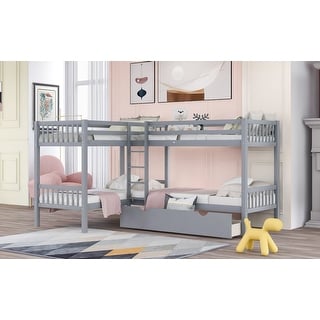 Twin L-Shaped Quad Bunk Bed with Three Drawers - Fun & Functional