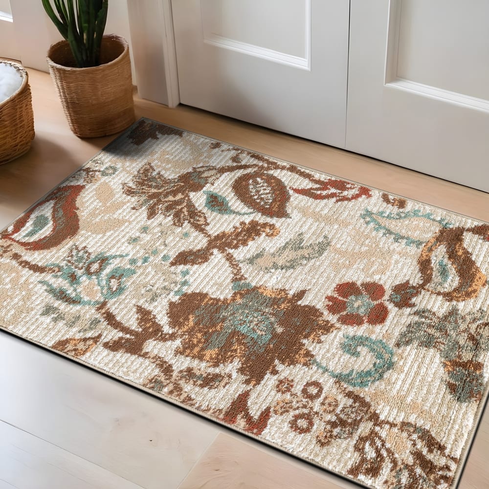 World Rug Gallery Beige / Multi Botanical Scroll Area Rug