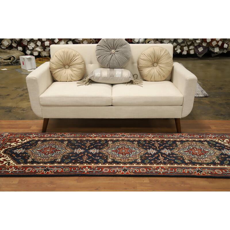 Hand Knotted Oriental 100% Wool Carpet Traditional Geometric Navy Blue & Blues Heriz (serapi) Runner Rug - 8' 4'' X 2' 5''