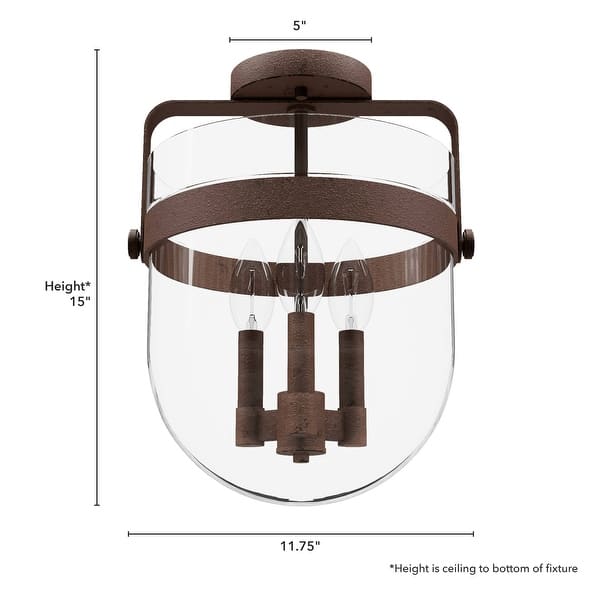 dimension image slide 2 of 4, Hunter Karloff Clear Glass 3 Light Flush Mount Ceiling Light - Rustic, Industrial, Transitional