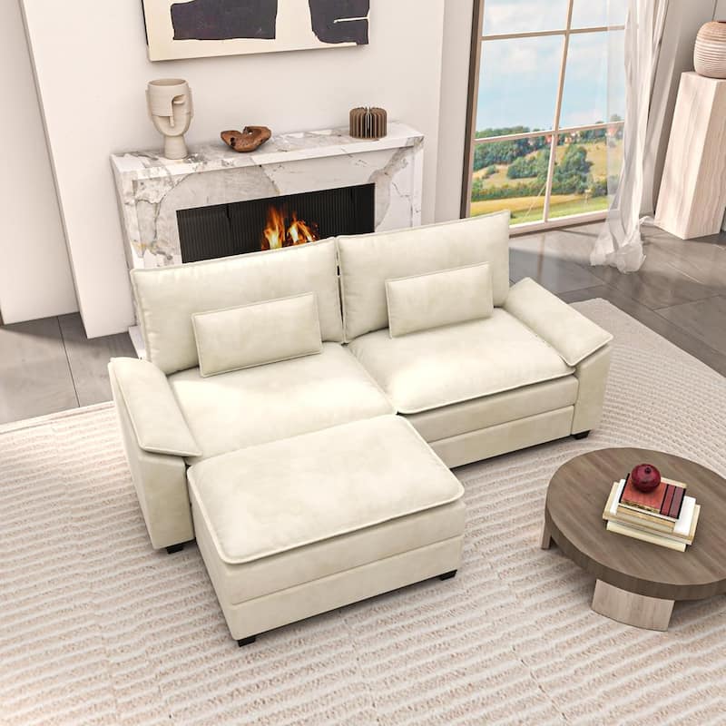 Kullavik Cloud Chenille L-Shaped Sofa, Modular Sectional Sofa with Ottoman, Throw Pillows and Double Layered Cushion - 3pcs-Beige