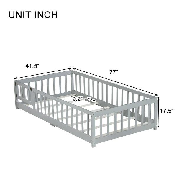 dimension image slide 3 of 5, Rubber Wood Floor Bed with Fence and Door,Twin Size