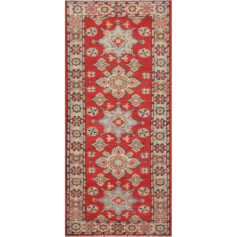 Geometric Red Kazak Runner Rug Handmade Wool Carpet - 2'2" x 5'11"