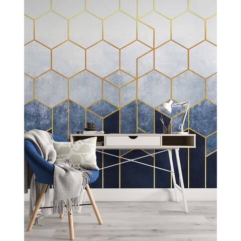 Hexagons on a Blue Background with Gold Elements Removable Textile Wallpaper