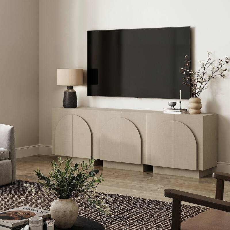 Iris Wooden Accent Cabinet, Sideboard Credenza or TV Stand with Arched Cabinet Doors and Adjustable Shelves - Set of 3 - Beige Linen
