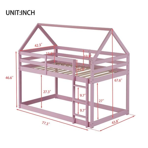 Pink Twin over Twin House-Shaped Bunk Bed with Ladder, Guardrails, and Low Height Design