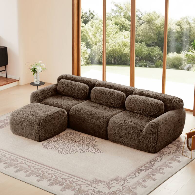 Anmytek Modern L-Shaped Boneless Sofa - Soft Fluffy Plush 32D High Density Sponge with Throw Pillows Movable Ottoman - Chocolate