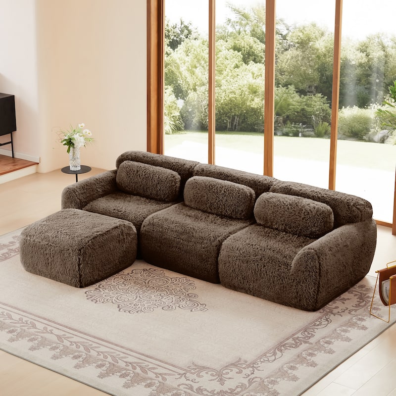 L-shaped Soft and Fluffy Plush Fabric,Boneless Sofa,Anti-Slip Design Buckle Connection,Movable Ottoman - Chocolate
