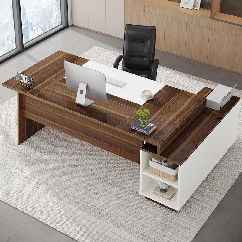 70.5" L-Shaped Executive Office Desk with Storage Cabinet & Shelves, Walnut & White