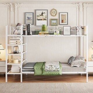 [Multifunctional Design] Twin Over Full Metal Bunk Bed with 5-Tier Shelves
