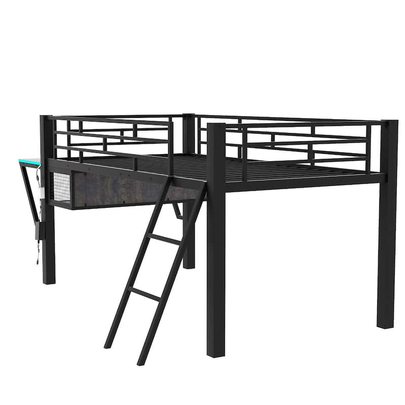 Gaming mid loft bed with desk, LED, Twin, Black