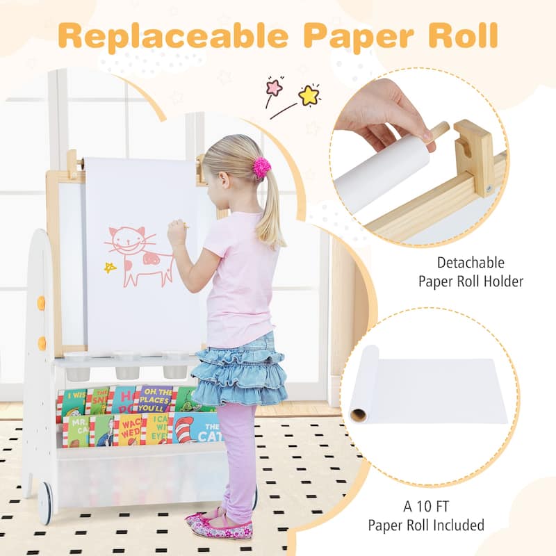 Kids 4 in 1 Art Easel and Desk with Stool Adjustable Height Whiteboard Chalkboard Paper Roll and Storage for Drawing