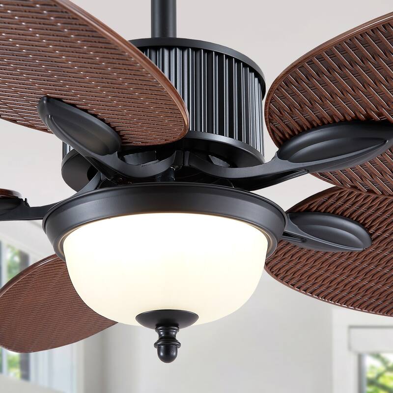50 Inch Tropical Ceiling Fan with Palm Leaf Blades Glass Cover Remote Control Waterproof for Indoor and Outdoor Patio