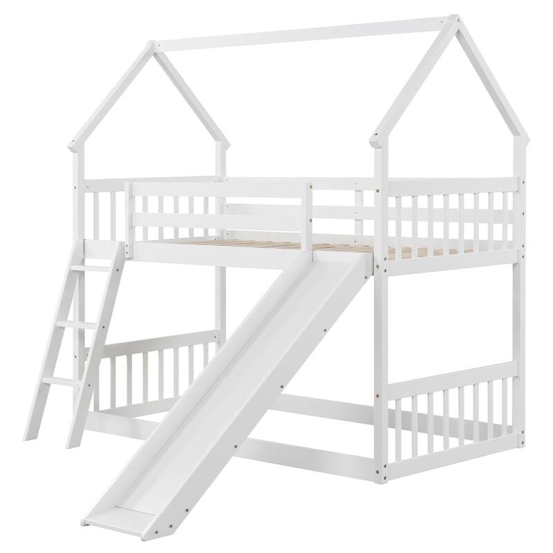 Gymax Twin Over Twin House Bunk Bed w/ Slide Solid Wood Low Bunk Bed