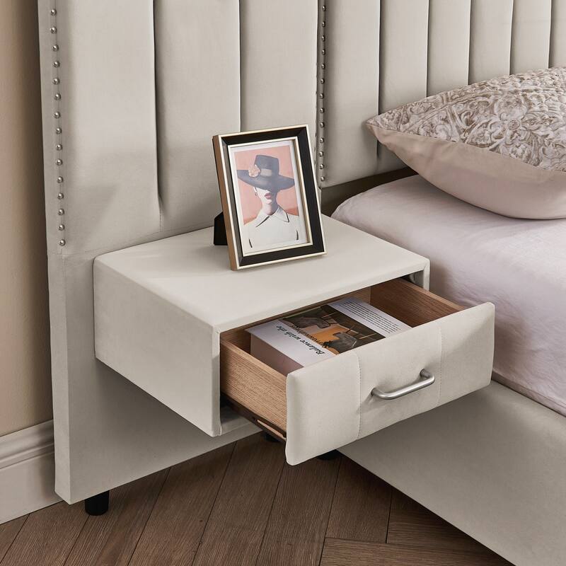 Queen Size Upholstered Bed Frame , Vertical Stripe Design with Buttons Around Platform Bed with Headboard