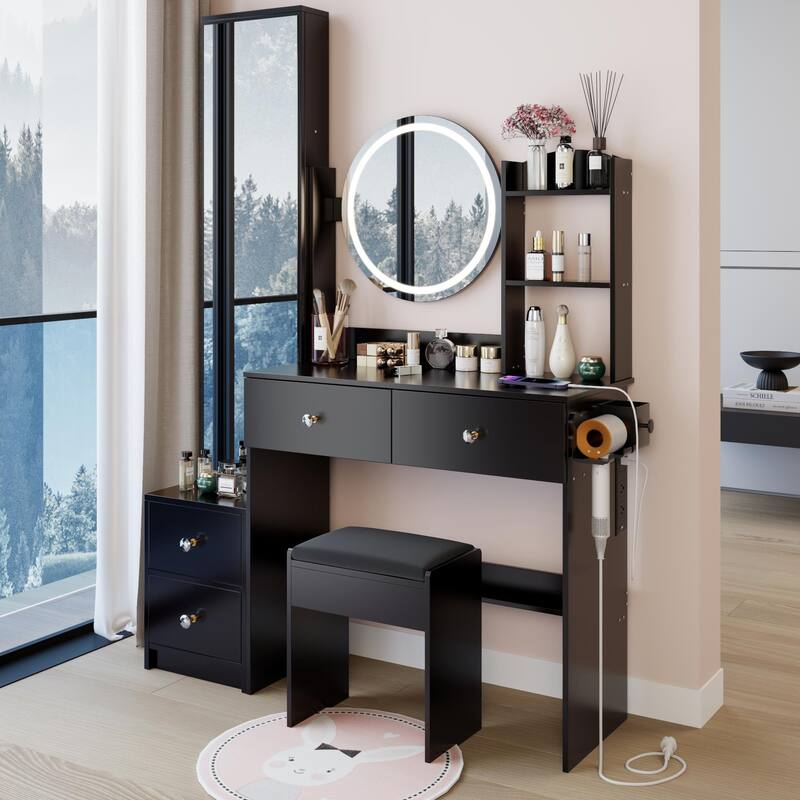 Round Mirror LED Vanity Table with Cushioned Stool