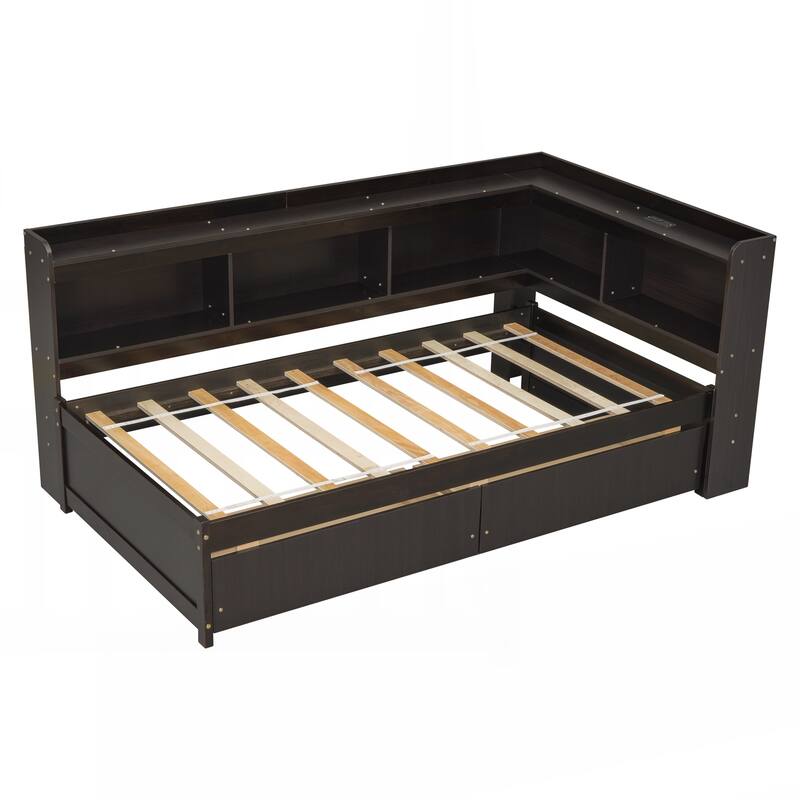 Twin Size L-shaped Bookcases Bed with Power Outlets, USB Charging Ports,Two Drawers