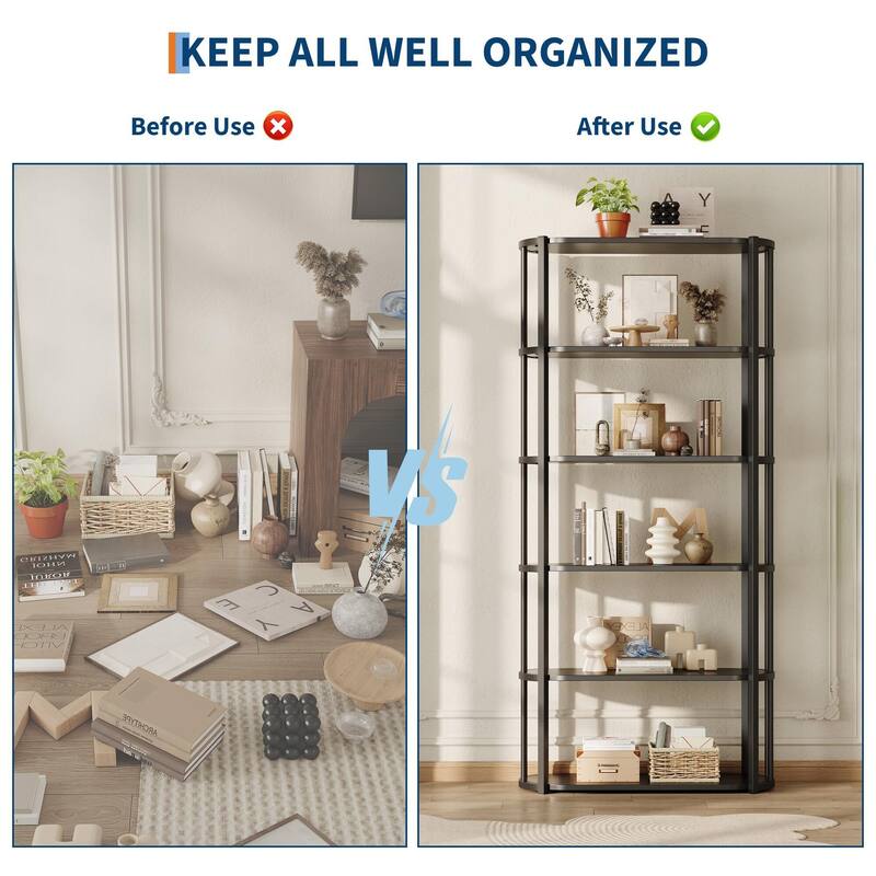71 Inch Industrial Wooden Bookshelf - 6 Tier Tall Bookcase, Metal Frame Large Storage Shelf