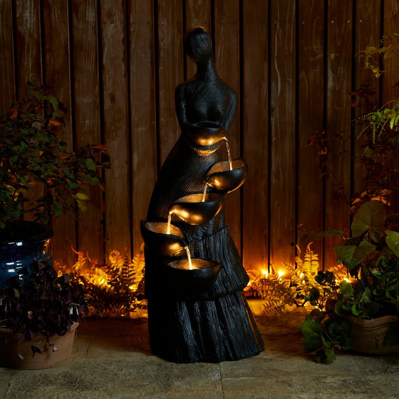 Glitzhome 39"H LED Polyresin 5-Tiered Woman Stone Sculpture Water Fountain Outdoor